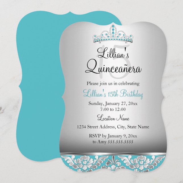 Teal Silver Damask Tiara Quinceanera Invite (Front/Back)