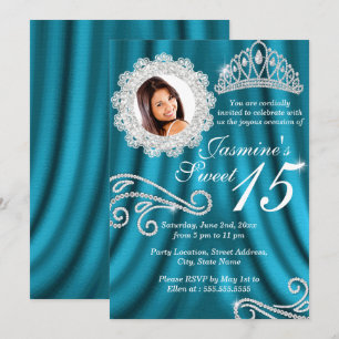 Teal Silver Diamond Tiara Photo Quinceanera Invitation