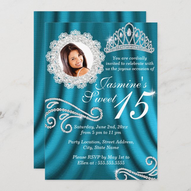 Teal Silver Diamond Tiara Photo Quinceanera Invitation (Front/Back)