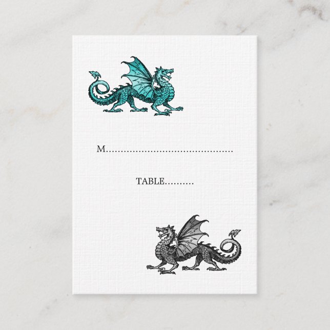 Teal Silver Dragon Wedding Place Card (Front)