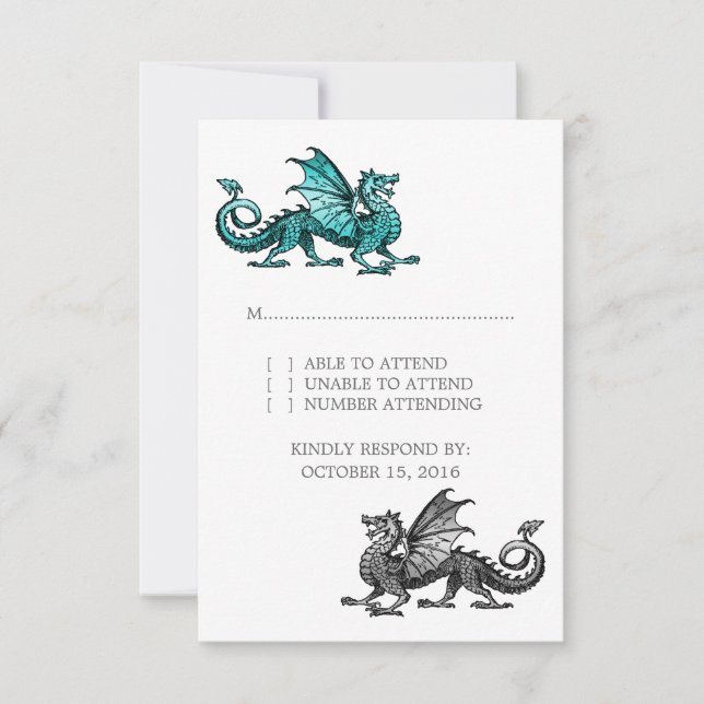 Teal Silver Dragon Wedding Response Card (Front)