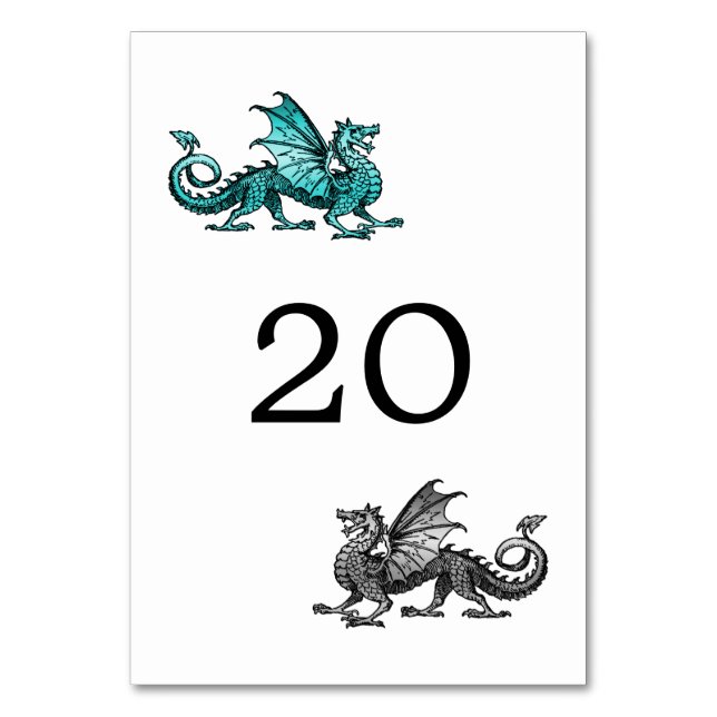 Teal Silver Dragon Wedding Table Card (Front)