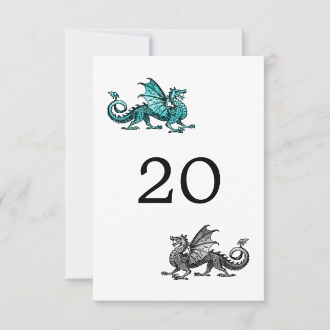Teal Silver Dragon Wedding Table Card (Front)
