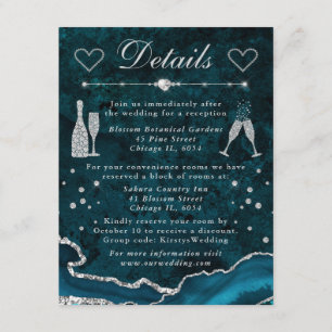 Teal & Silver Faux Glitter Agate Wedding Details Enclosure Card