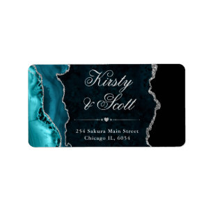 Teal  & Silver Faux Glitter Agate Wedding Label