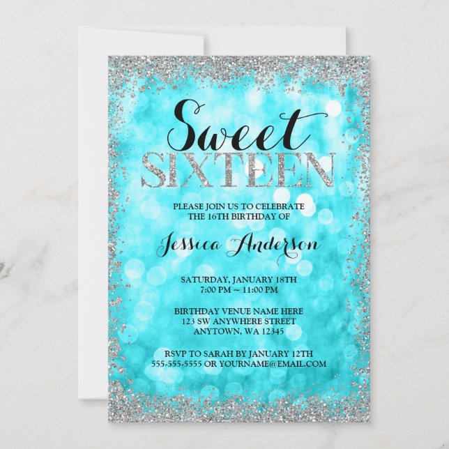 Teal Silver Faux Glitter Lights Sweet 16 Birthday Invitation (Front)