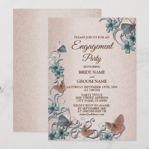 Teal Silver Floral Butterfly Tan Engagement party Invitation