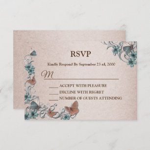 Teal Silver Floral Copper Butterfly Tan Wedding RSVP Card