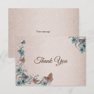 Teal Silver Floral Copper Butterfly Tan Wedding Thank You Card