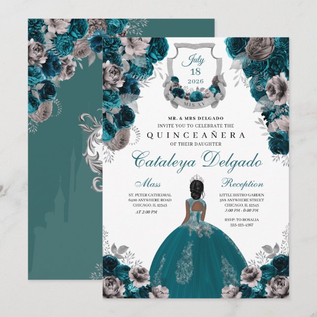 Teal & Silver Floral Elegant Quinceañera Invitation (Front/Back)