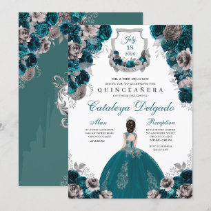 Teal & Silver Floral Elegant Quinceañera Invitation