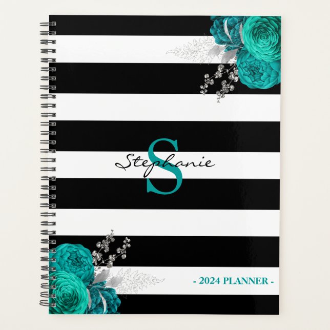 Teal Silver Floral Monogram Black Stripes 2024 Planner (Front)