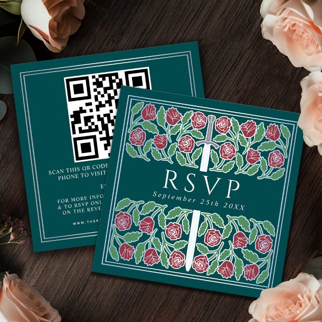 Teal Silver Floral Royal Wedding RSVP QR Code  Enclosure Card (Creator Uploaded)