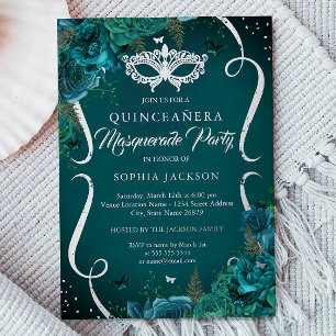 Teal Silver Floral Scroll Masquerade Quinceanera