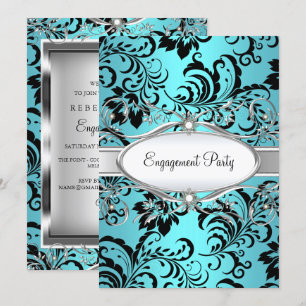 Teal Silver Floral Swirl Engagement Party Invitation