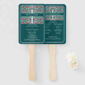 Teal Silver Floral Sword Royal Wedding Program Hand Fan