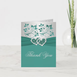 Teal, Silver Floral Wedding Photo Thank You Card