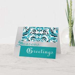 Teal & Silver Foil Damask Christmas Holiday Card