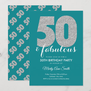 Teal Silver Glitter 50 & Fabulous Birthday Party Invitation