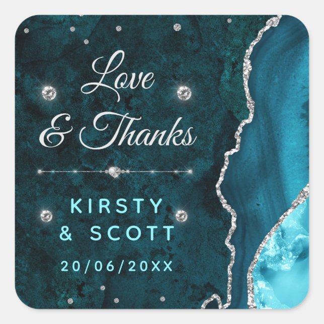 Teal & Silver Glitter Agate and marble Wedding Square Sticker (Front)