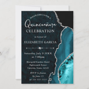 Teal & Silver Glitter Agate Quinceanera Invitation