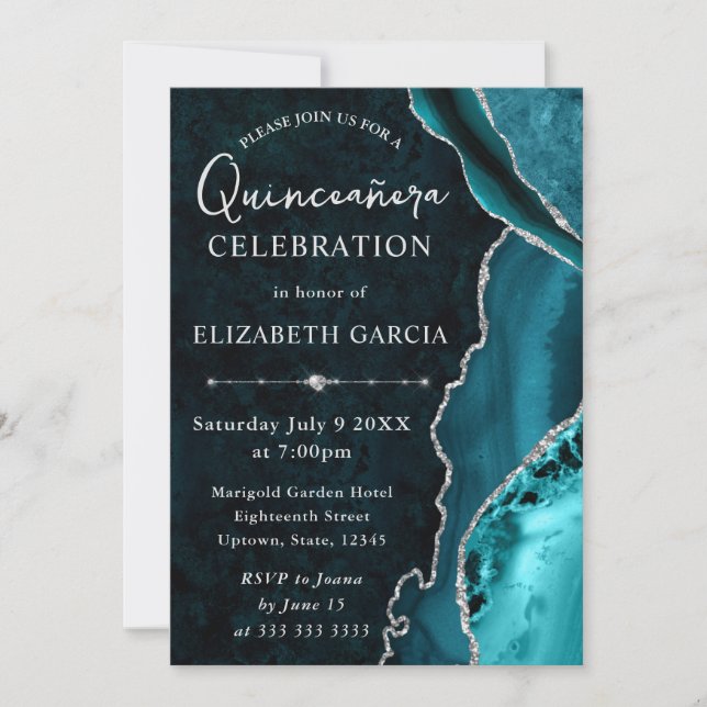 Teal  & Silver Glitter Agate Quinceanera Invitation (Front)