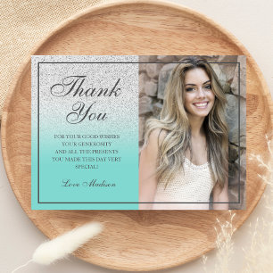 Teal Silver glitter chic photo thank you Sweet 16