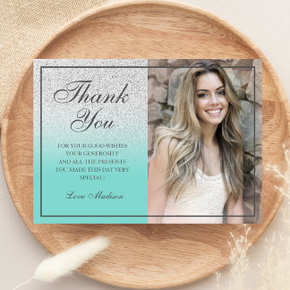 Teal Silver glitter chic photo thank you Sweet 16 Card