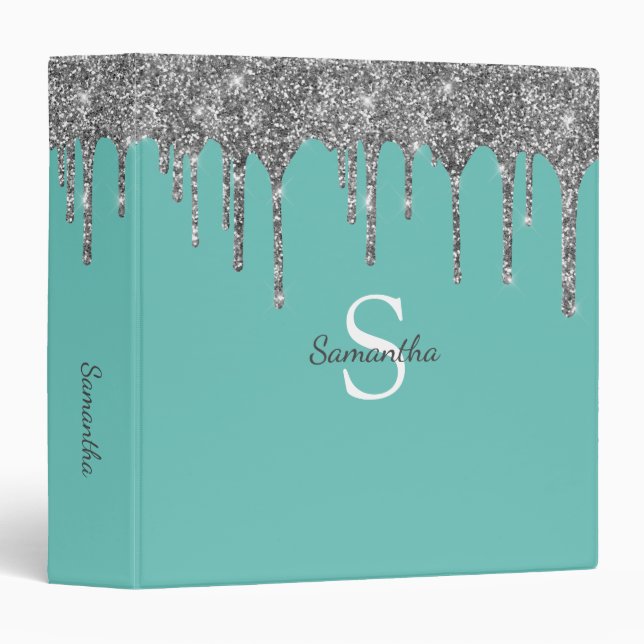 Teal Silver Glitter Drips Sparkle Monogram Name Binder (Front/Spine)