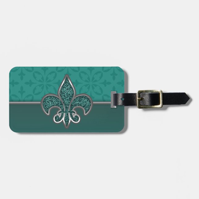 Teal Silver Glitter Fleur De Lis Luggage Tag (Front Horizontal)