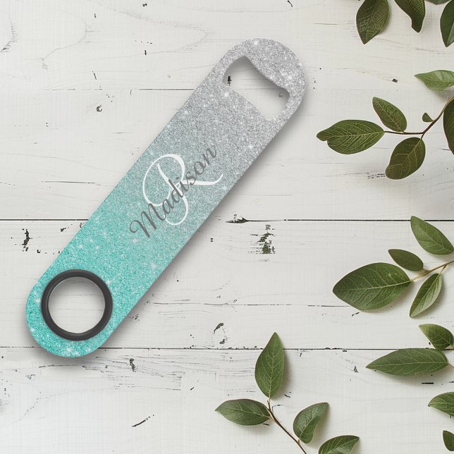 Teal Silver Glitter Look Ombre Monogram  Bar Key (Creator Uploaded)