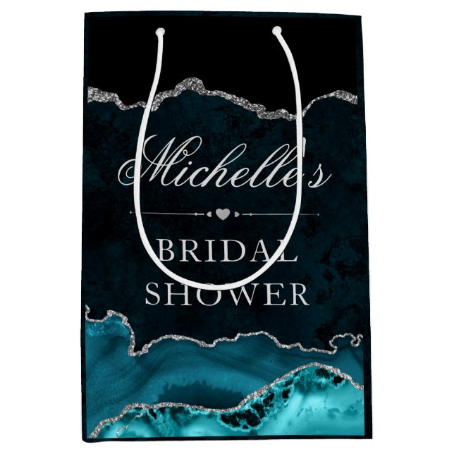 Teal Silver Glitter Marble Agate Bridal Shower Medium Gift Bag (Front)