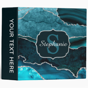 Teal & Silver Glitter Marble Agate Monogram Binder