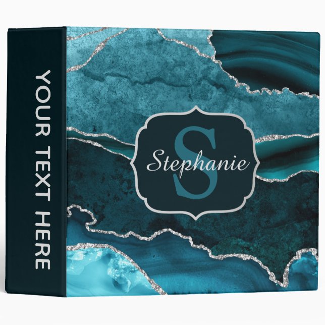 Teal & Silver Glitter Marble Agate Monogram Binder (Front/Spine)