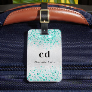 Teal silver glitter sea green monogram name luggage tag