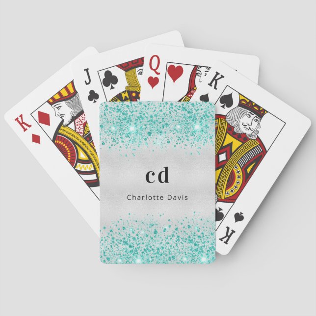 Teal silver glitter sea green monogram name playing cards (Back)
