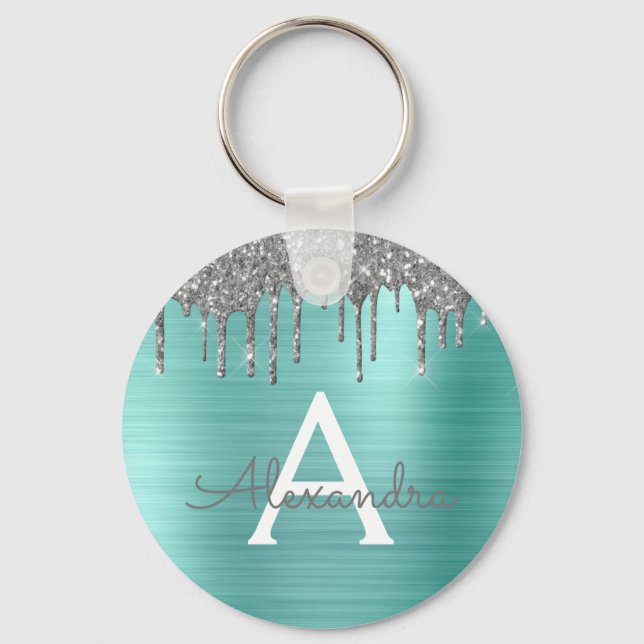 Teal Silver Glitter Stainless Steel Monogram Keychain (Front)