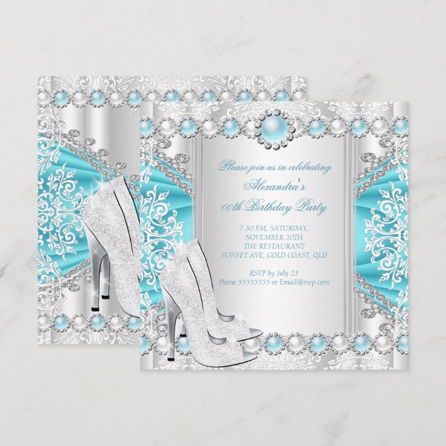 Teal Silver High Heels White Pearl Birthday Party Invitation