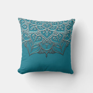 Teal & Silver Mandala Elegant Minimal Moroccan Throw Pillow