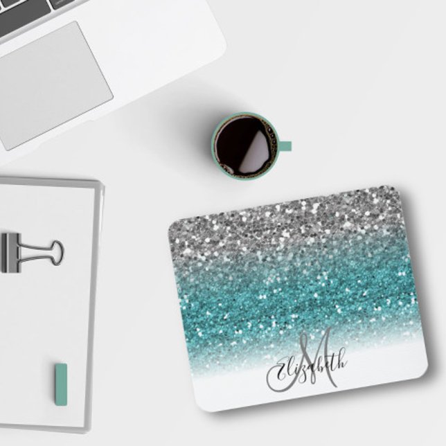 Teal Silver Ombre Glitter Bling Personalized Mouse Pad (Creator Uploaded)