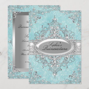 Teal & Silver Pearl Vintage Glamour Quinceanera Invitation