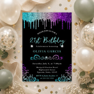 Teal Silver & Purple Glitter 21st Birthday Invitation