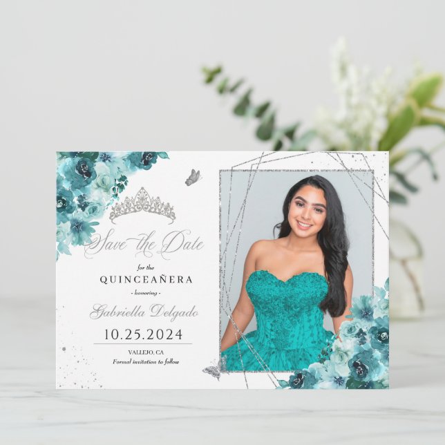 Teal & Silver Quinceañera Save The Date Photo Invitation (Standing Front)