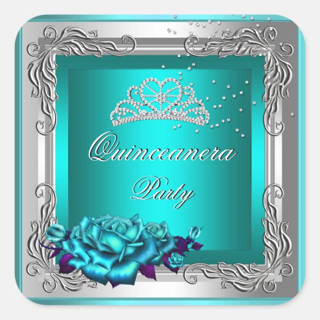 Teal Silver Roses Quinceanera 15th Birthday Square Sticker (Front)