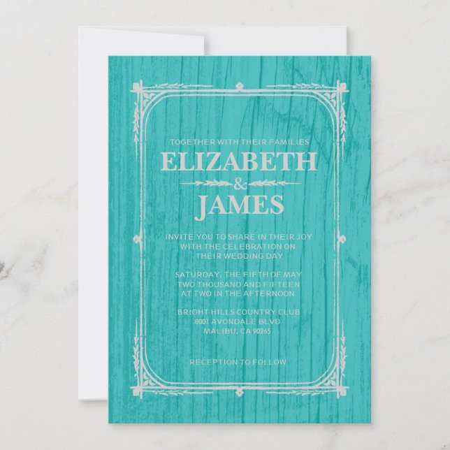 Teal & Silver Rustic Barn Wood Wedding Invitations (Front)