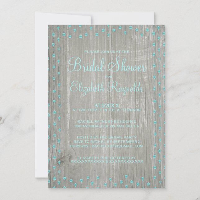 Teal Silver Rustic Country Bridal Shower Invites (Front)