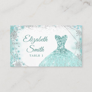 Teal Silver Snowflake Christmas Quinceañera Place Card