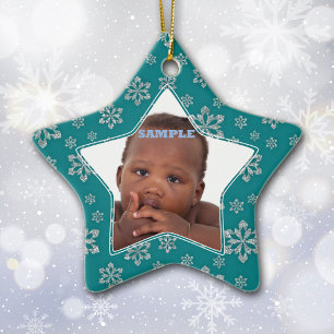 Teal Silver Snowflakes Photo Template Christmas Ceramic Ornament