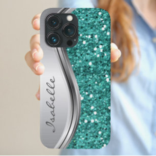 Teal Silver Sparkle Glam Bling Personalized Metal Case-Mate iPhone 14 Case