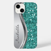 Teal Silver Sparkle Glam Bling Personalized Metal Case-Mate iPhone Case (Back)